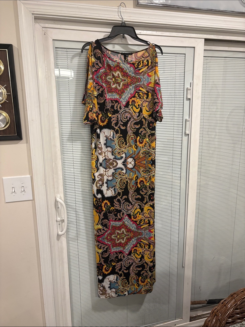 Tiana B. Cold-Shoulder Paisley Maxi Dress in Black, Yellow, Pink and Blue